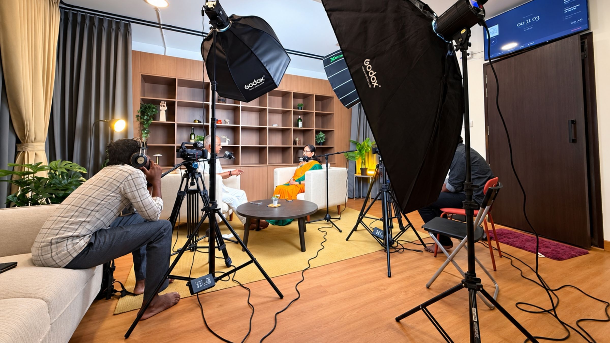 Behind the scenes at Studio RYST — a podcast interview being filmed with a full lighting rig in our T-Nagar podcast studio